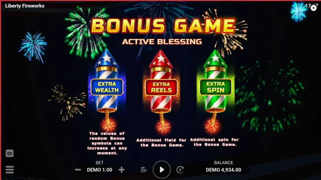 Visual vibrante e patriótico do slot Liberty Fireworks 3 Pots com fogos de artifício