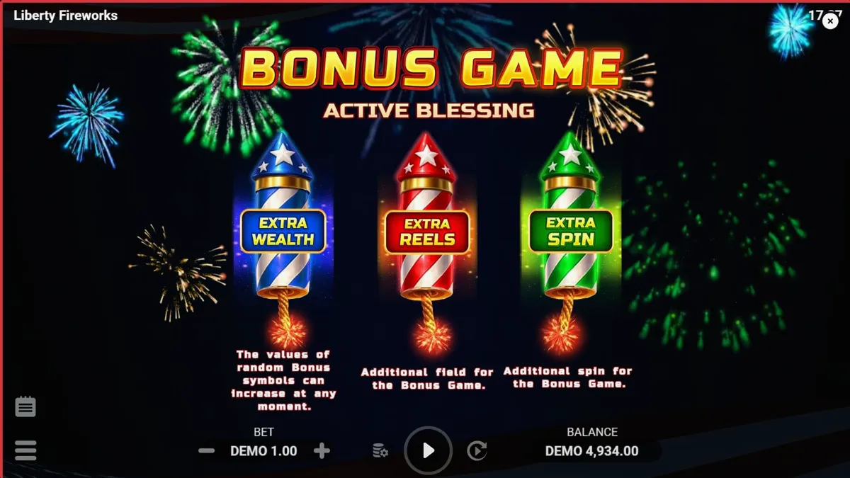 Visual vibrante e patriótico do slot Liberty Fireworks 3 Pots com fogos de artifício