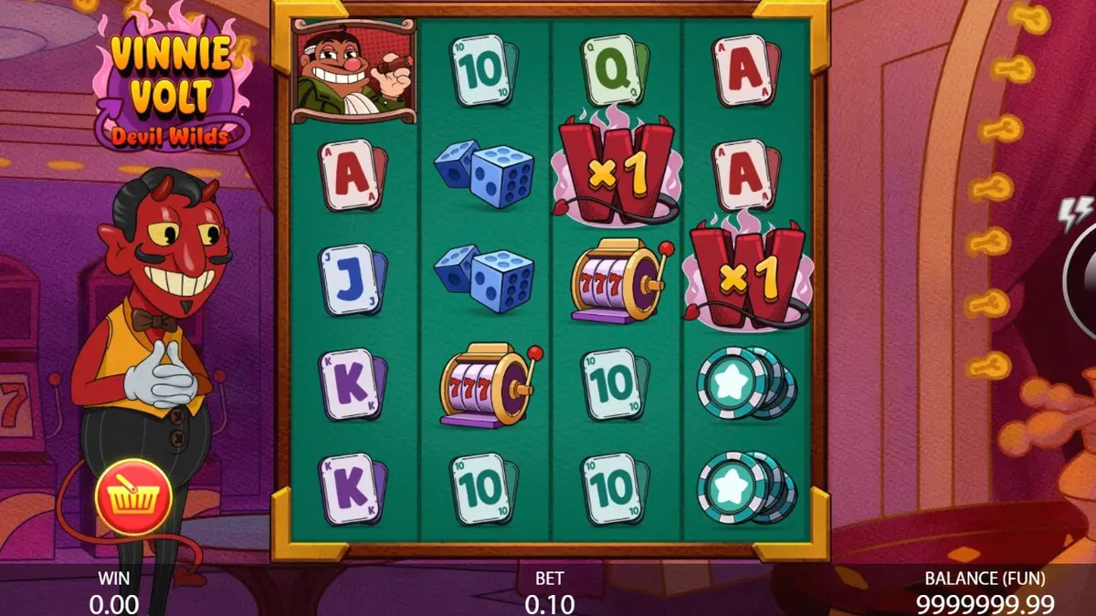Vinnie Volt: Devil Wilds slot interface com o personagem diabo e símbolos de cassino